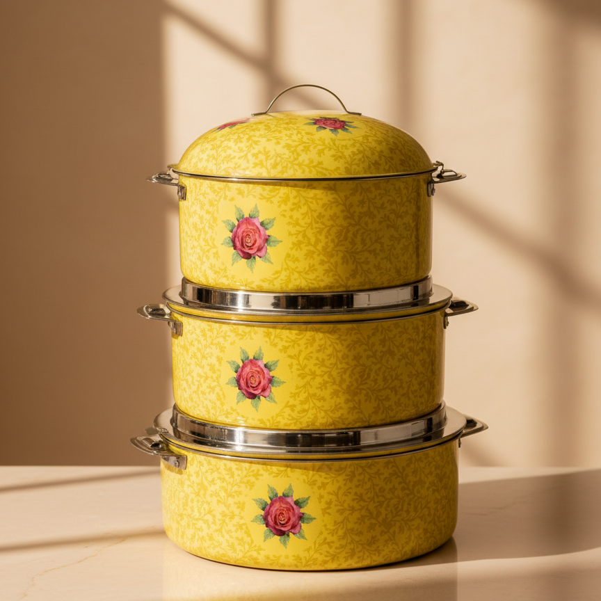 Floral Food Warmer Set Yellow – 3 Pieces (2.5L, 3.5L, 5.5L) - Mawaeen