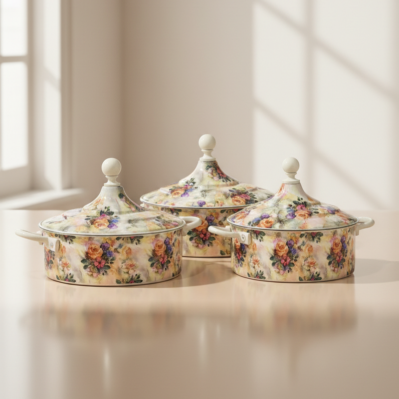 Floral Food Warmer Set Beige – 3 Pieces (2.5L, 3.5L, 5.5L) - Mawaeen