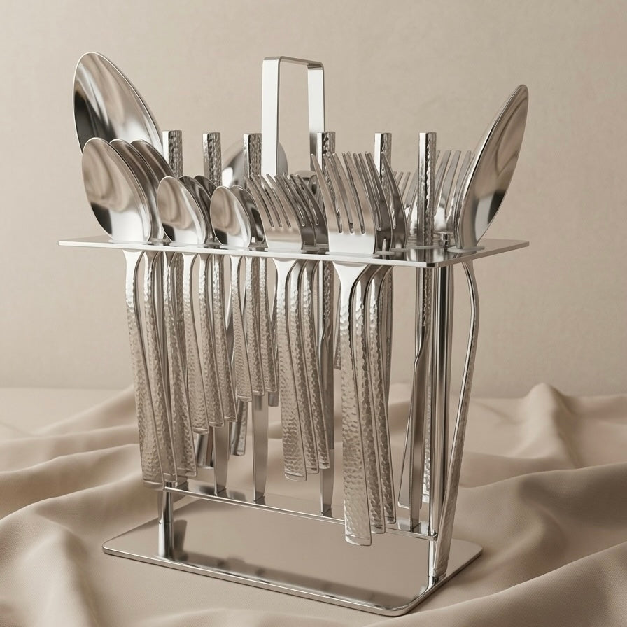 AlbenBerg Premium Stainless Steel Cutlery Set with Stand - Silver - Mawaeen