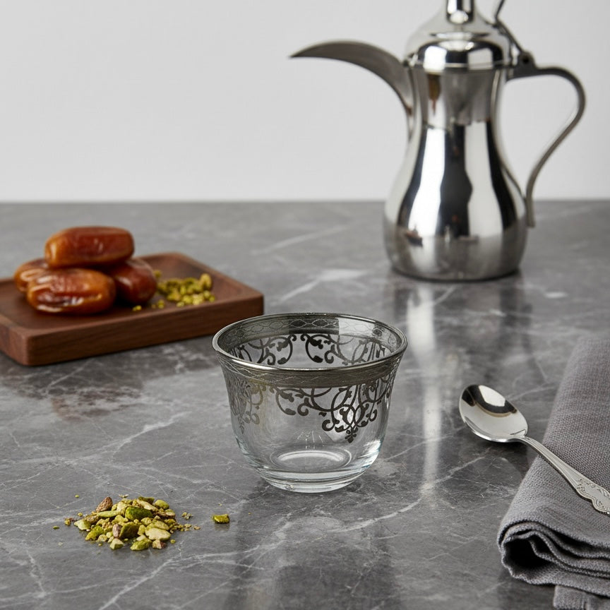 Cawa Arabic Coffee Cups Set Silver – 6 Pieces (80cc, Turkish Made) - Mawaeen
