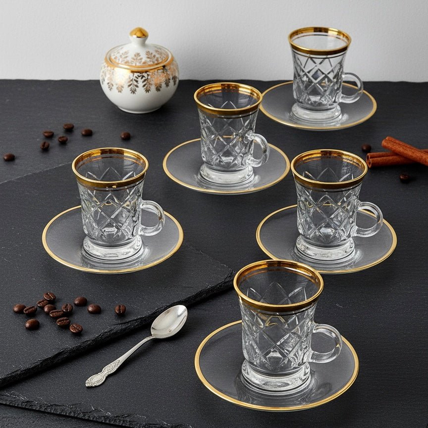 Tea Istikan Set – 6 Pieces with Plates G/Line - (130cc, Turkish Made) - Mawaeen
