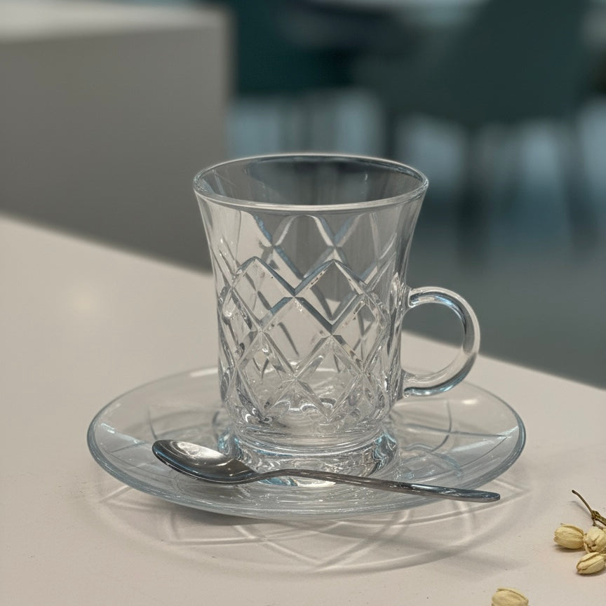 Tea Istikan Set – 6 Pieces with Plates C/Line - (130cc, Turkish Made) - Mawaeen