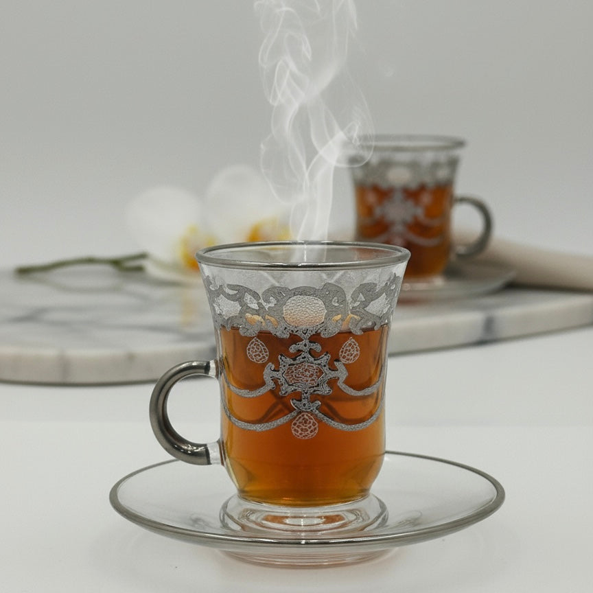 Tea Istikan Set – 6 Pieces with Plates Silver - (130cc, Turkish Made) - Mawaeen