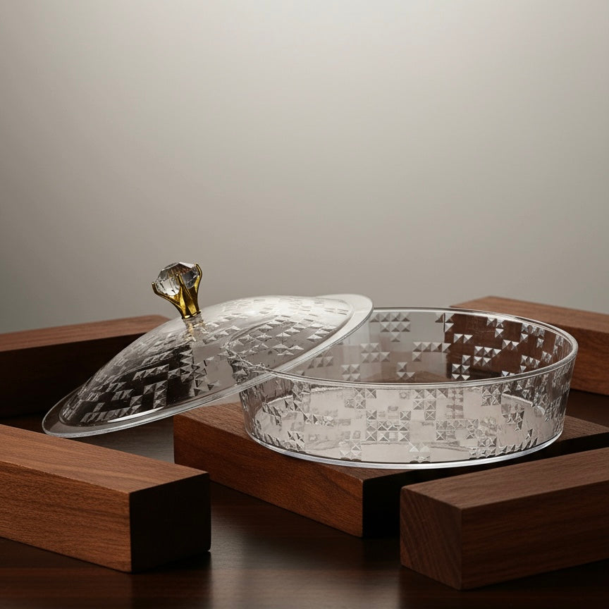 Luxury Round Acrylic Candy Box with Lid – Elegant Crystal Design (L) - Mawaeen