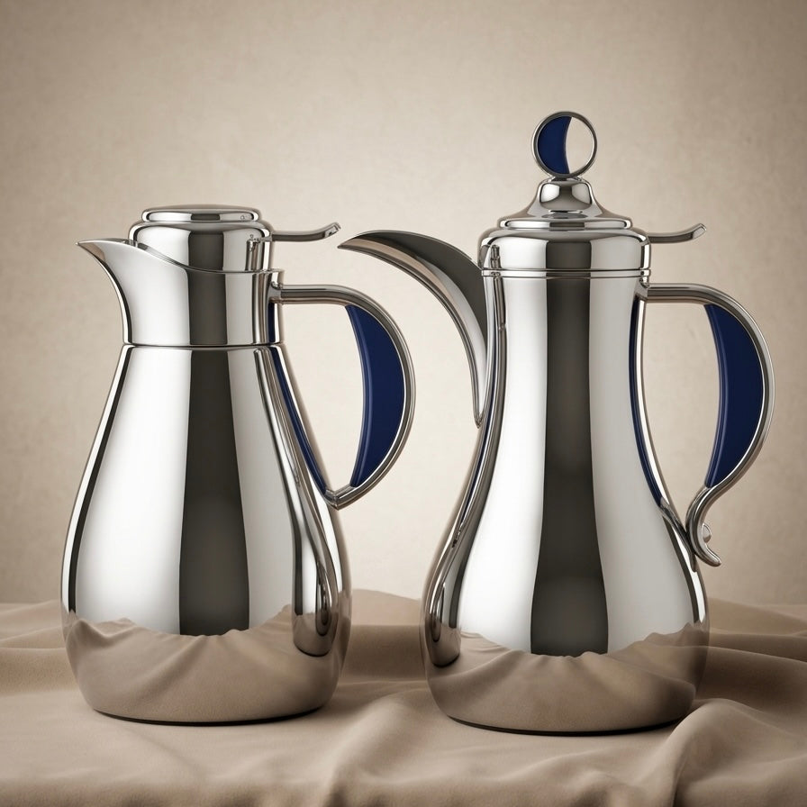 Modern Arabic Dallah Vacuum Flask Set – Silver & Blue | 1.0L + 1.0L - Mawaeen