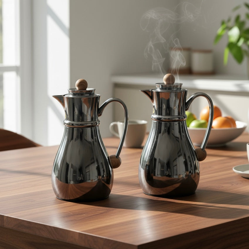 Najib Double Set – Coffee & Tea Thermal Flask (Shiny Black & Wood, 1L + 0.7L) - Mawaeen
