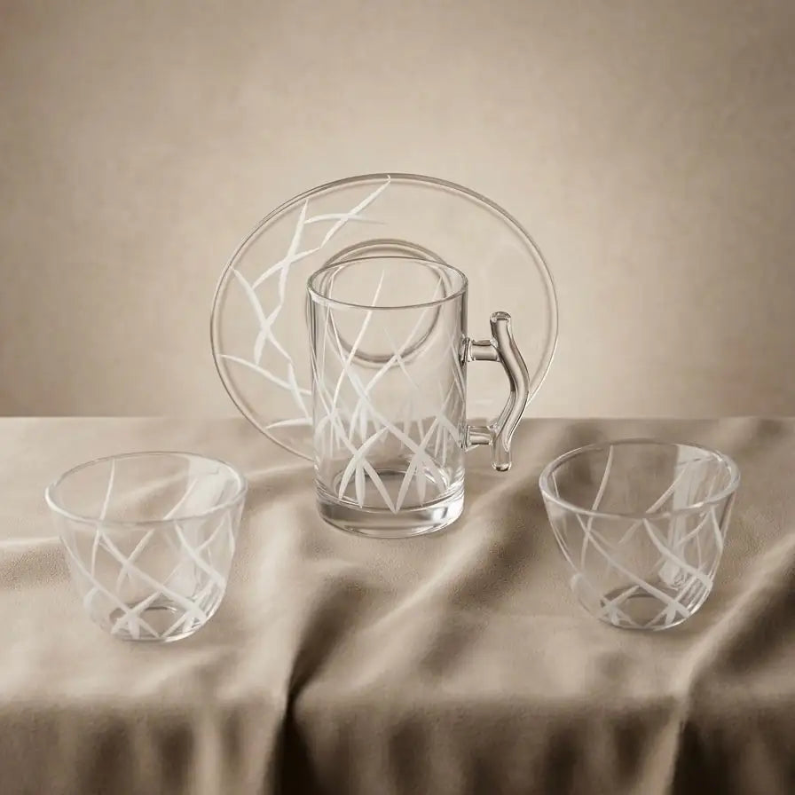 Modern 18-Piece Clear Glass Tea & Coffee Set - Abstract Engravings - Mawaeen