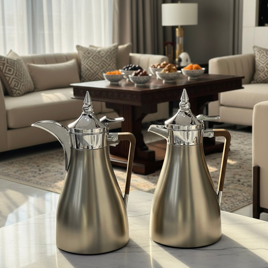طقم دلة عربي فاخر وأنيق - تصميم عصري مدبب (1 لتر + 1 لتر)