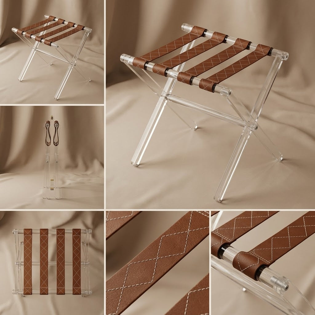 Folding Clear Acrylic Service Stand with Brown Leather Straps (2 Pcs with Stand)