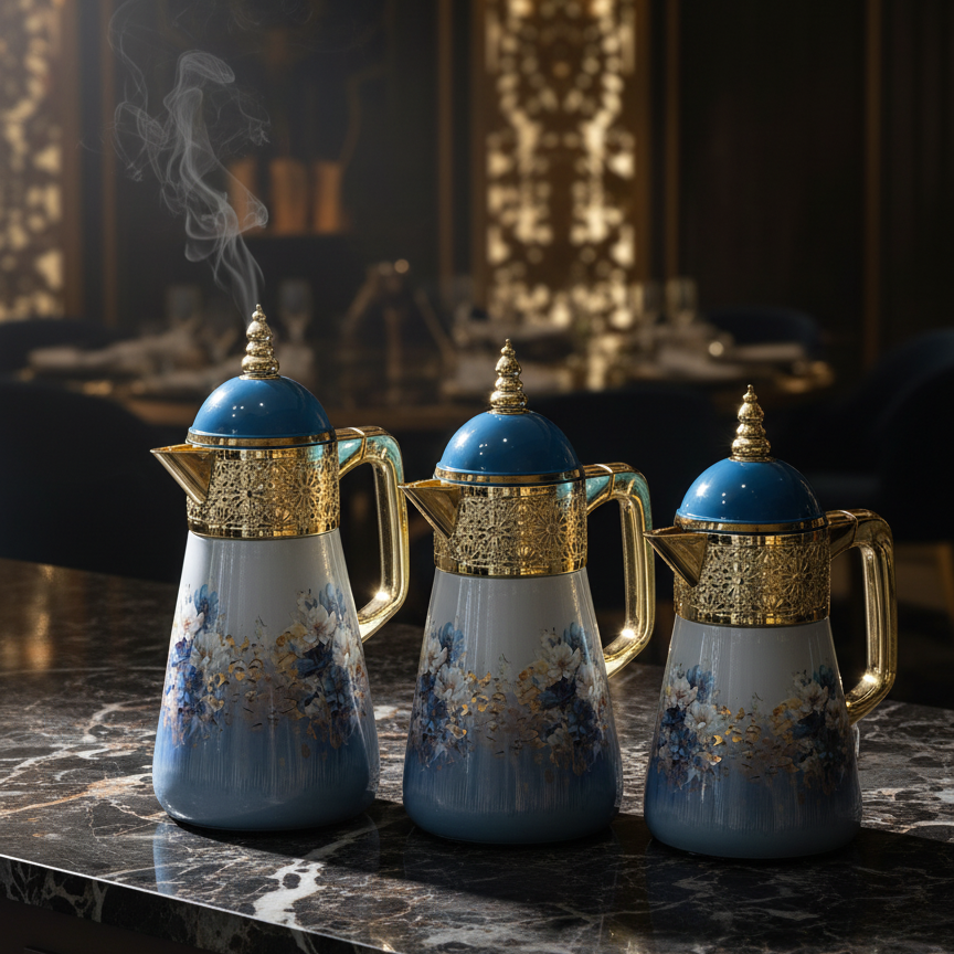 Elegant Floral Flask Set – 3 Pieces (1L + 0.7L + 0.5L) - Blue-Gold - Mawaeen