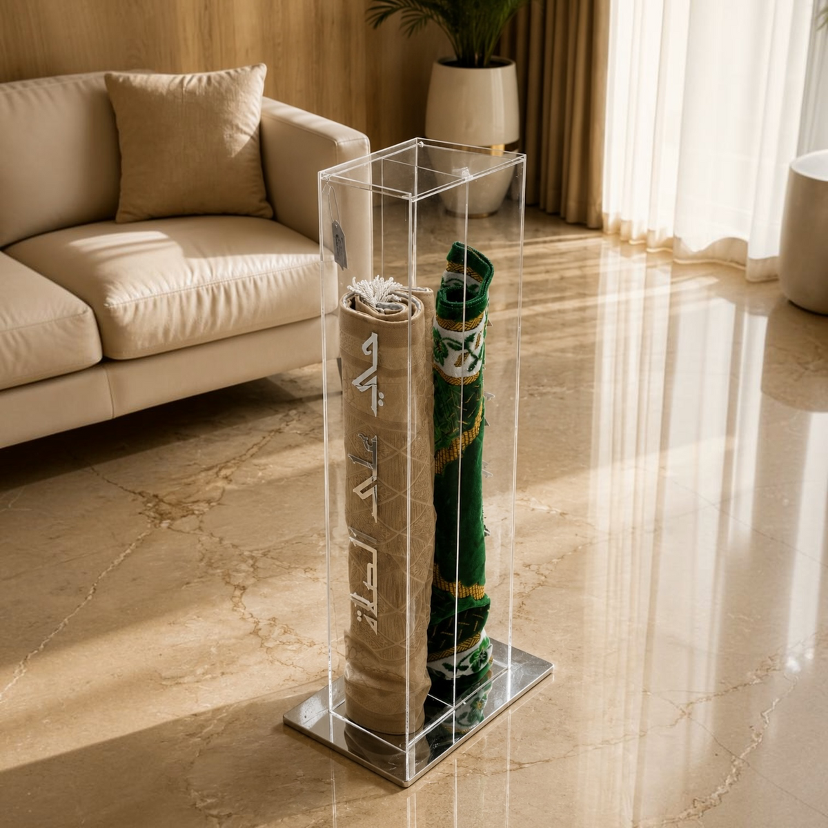 Luxury Clear Acrylic Double Prayer Mat Stand with Silver Calligraphy ("حي على الصلاة")