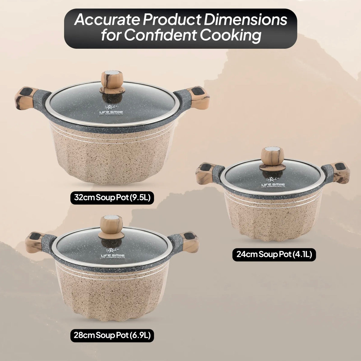 Life Smile 6-Piece Granite Cookware Set – Fluted Beige with Marble Handles