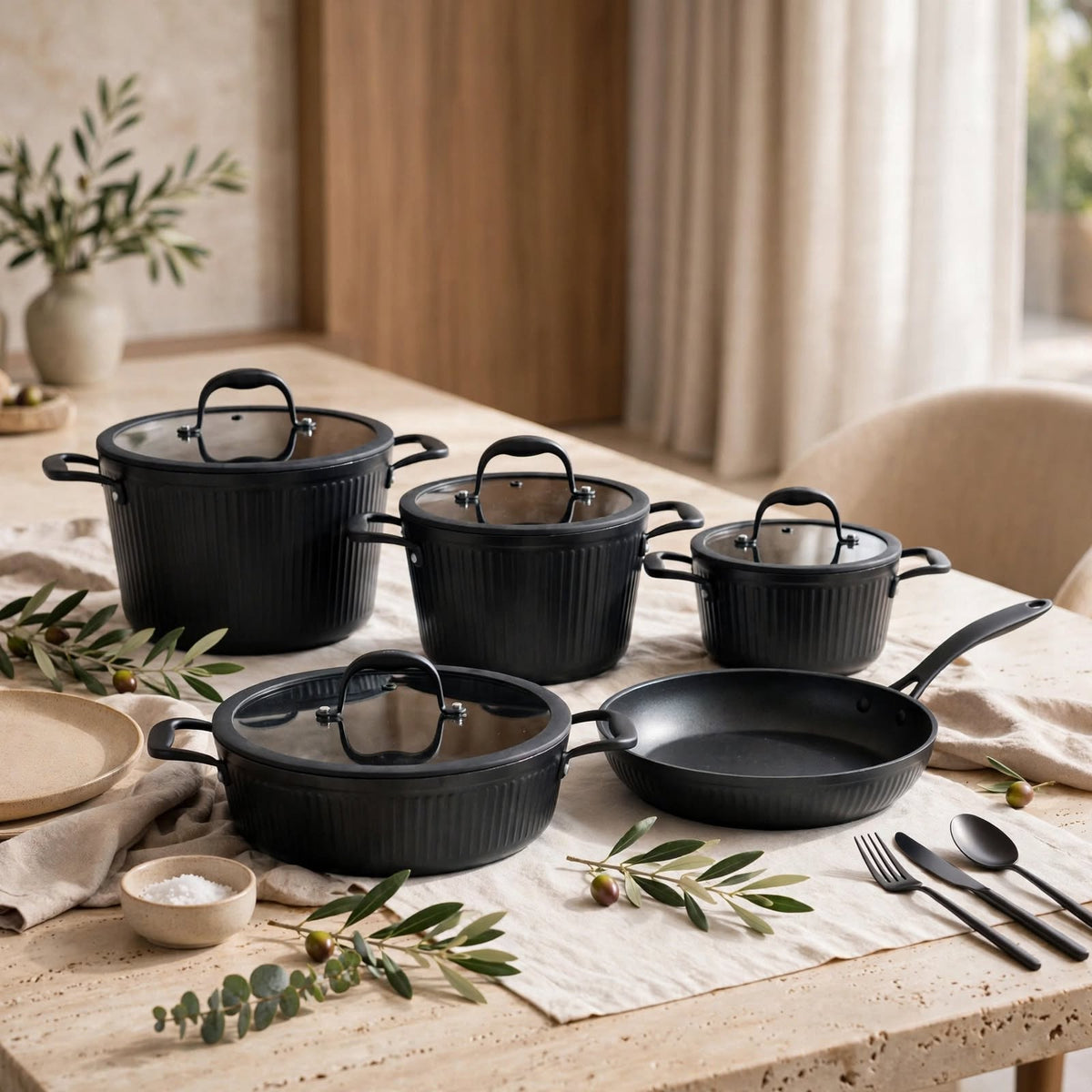 Luxury Matte Black Fluted Cookware Set (9 Pcs) – Non-Stick Pots with Flat Tempered Glass Lids - Mawaeen