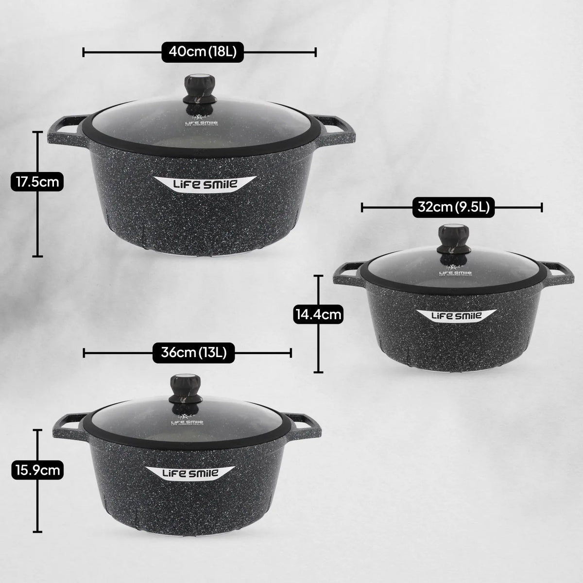 Premium Life Smile Granite Feast Pots (32cm, 36cm, 40cm) – Non-Stick Heavy-Duty Cookware