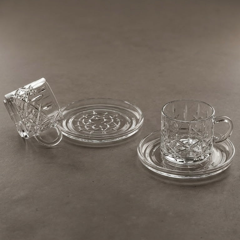Diamond-Patterned Clear Glass Coffee Set with Matching Saucers – 6 Person Set (4 oz)