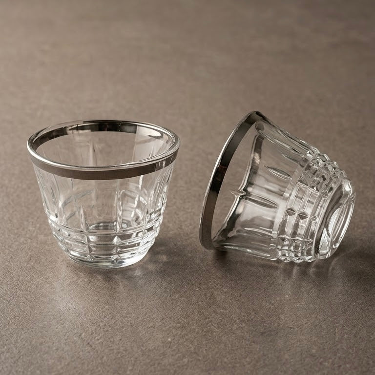 Cawa 6-Piece Silver-Rimmed Crystal Arabic Coffee Cup Set - Mawaeen