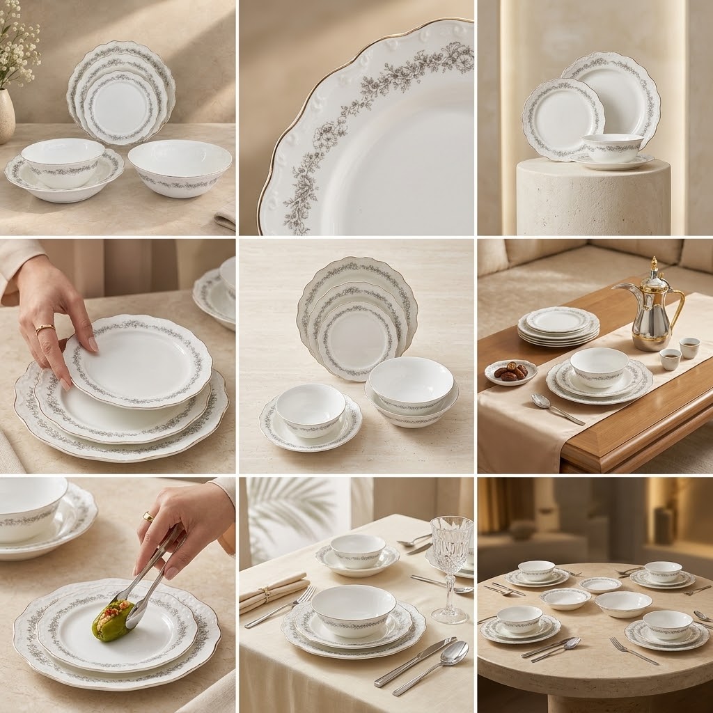 Classic 26-Piece Porcelain Dinnerware Set for 6 Persons – Scalloped Edge with Vintage Silver-Grey Floral Lace Pattern