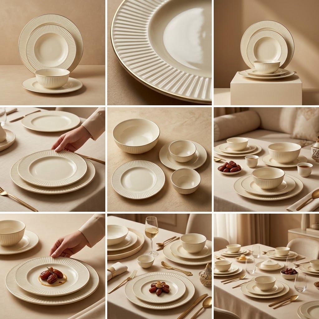 Luxury 24-Piece Fine Porcelain Dinnerware Set – Fluted Off-White Ceramic with Elegant Gold Rim Accent (Service for 6) - Mawaeen