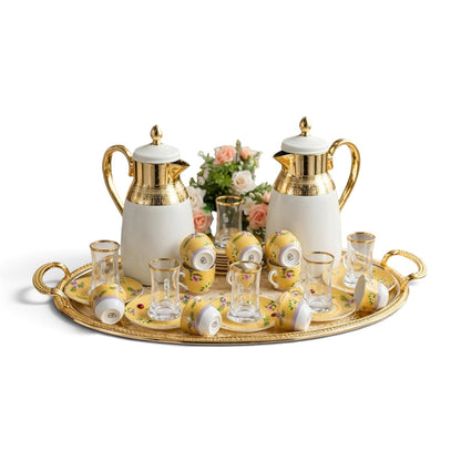 Royal Yellow Floral Tea & Coffee Hospitality Set with Engraved Oval Tray & Floral Accent