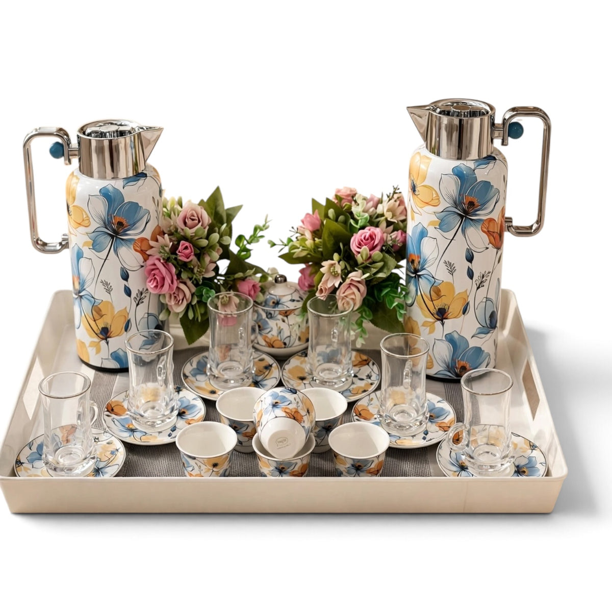 Blue Botanical Poppy Tea & Coffee Hospitality Set with White Tray & Floral Accent