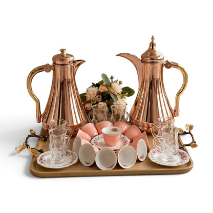 Rose Gold Tea & Coffee Hospitality Set with Blush Cawa Cups, Wooden Tray & Floral Accent