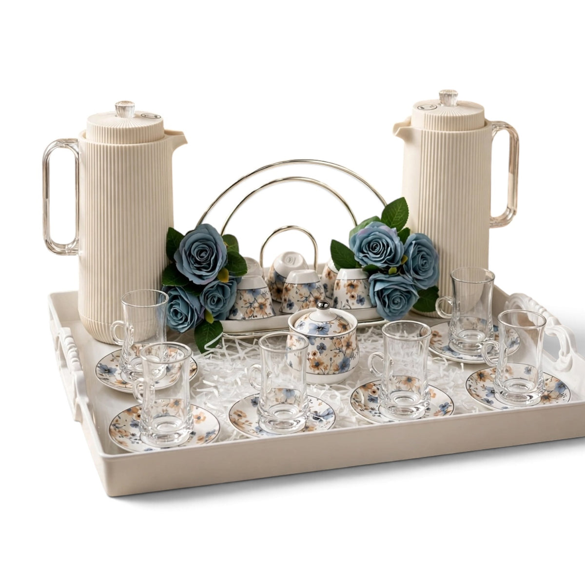 Fluted Cream & Floral Tea & Coffee Hospitality Set with Arched Cup Stand, Sugar Pot & Serving Tray