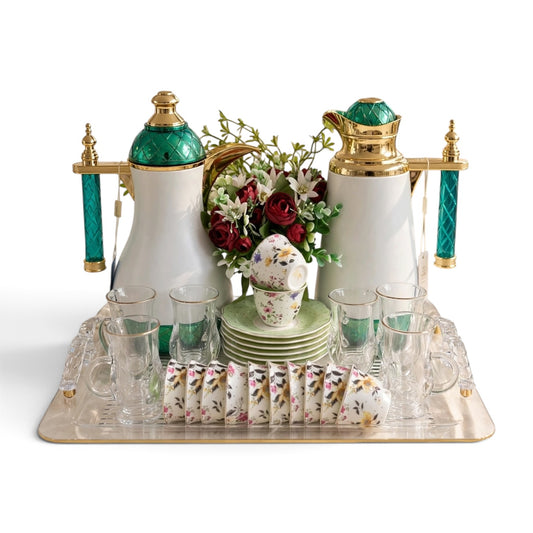 Emerald Green & Gold Tea and Coffee Set with Acrylic Tray & Floral Accent