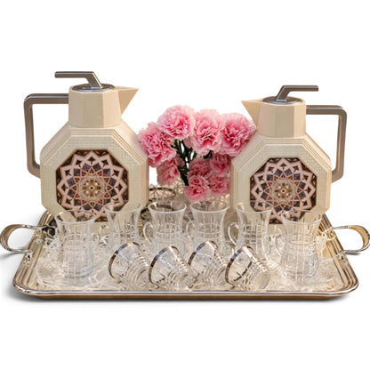 Andalusian Geometric Tea & Coffee Hospitality Set with Silver Stainless Steel Tray & Floral Accent