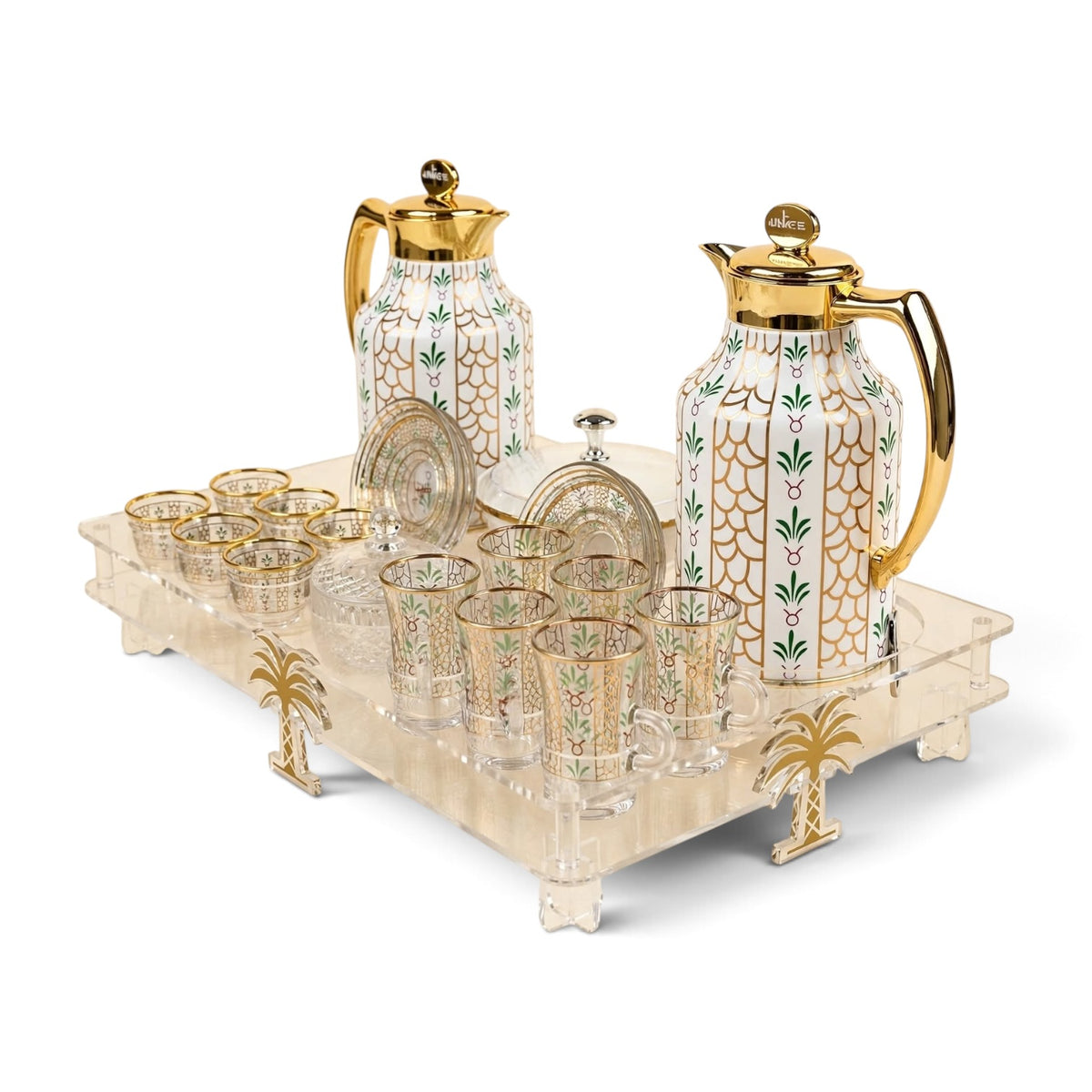 Heritage Gold & Palm Motif Tea & Coffee Hospitality Set with Custom Palm-Leg Acrylic Tray, Covered Date Bowl & Crystal Sugar Pot