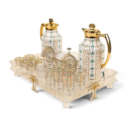 Heritage Gold & Palm Motif Tea & Coffee Hospitality Set with Custom Palm-Leg Acrylic Tray, Covered Date Bowl & Crystal Sugar Pot