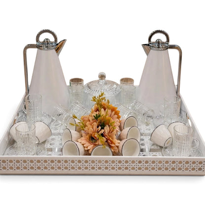 Minimalist White & Chrome Tea & Coffee Hospitality Set with Patterned Tray, Crystal Sugar Pot & Floral Centerpiece