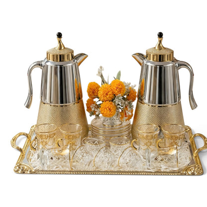 Gold & Crystal Cut Tea & Coffee Hospitality Set with Baroque Serving Tray & Floral Accent