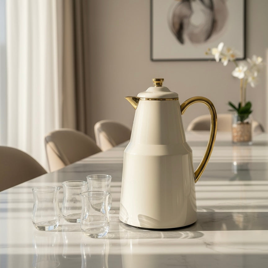Pilsco Premium Thermal Flask – (ivory & gold, 1.3L) - Mawaeen