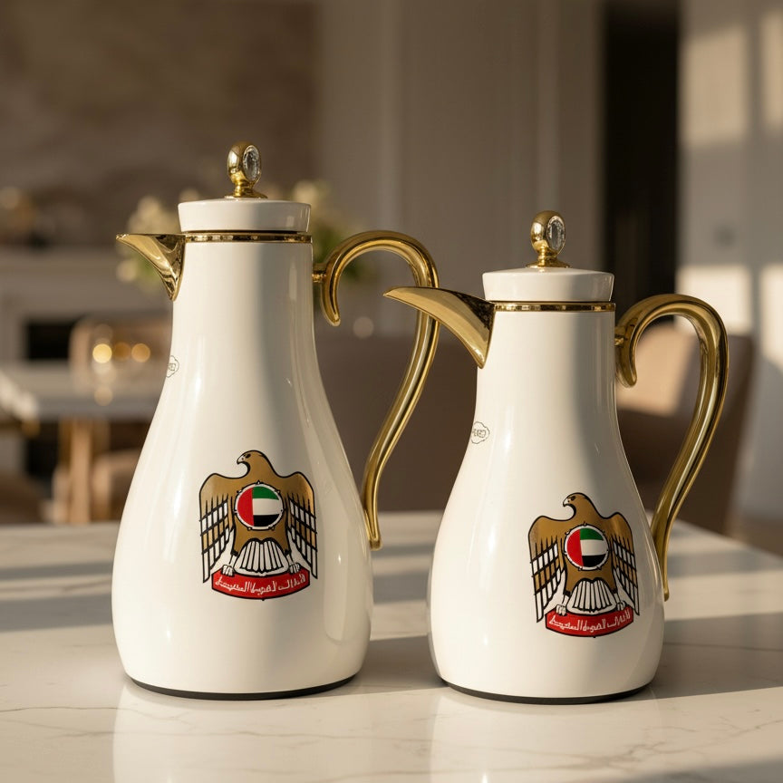 UAE Logo Double Set – Coffee & Tea Thermal Flask (White & Gold, 1L + 0.7L) - Mawaeen