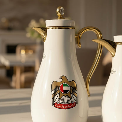 UAE Logo Double Set – Coffee & Tea Thermal Flask (White & Gold, 1L + 0.7L) - Mawaeen