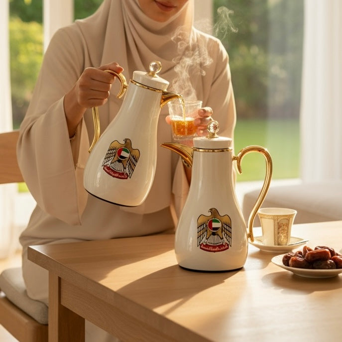 UAE Logo Double Set – Coffee & Tea Thermal Flask (White & Gold, 1L + 0.7L) - Mawaeen