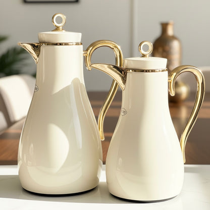 PILSCO  Premium Double Set – Coffee & Tea Thermal Flask (White & Gold, 1L + 0.7L)