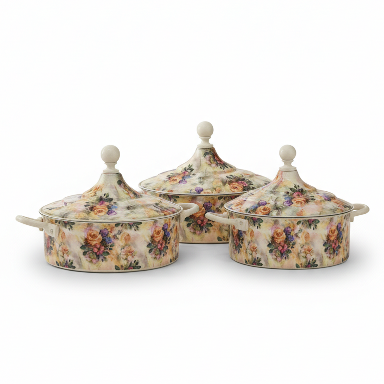 Floral Food Warmer Set Beige – 3 Pieces (2.5L, 3.5L, 5.5L) - Mawaeen