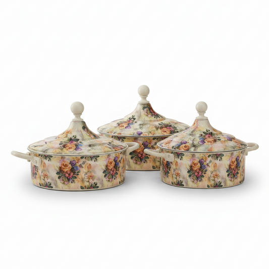 Floral Food Warmer Set Beige – 3 Pieces (2.5L, 3.5L, 5.5L) - Mawaeen