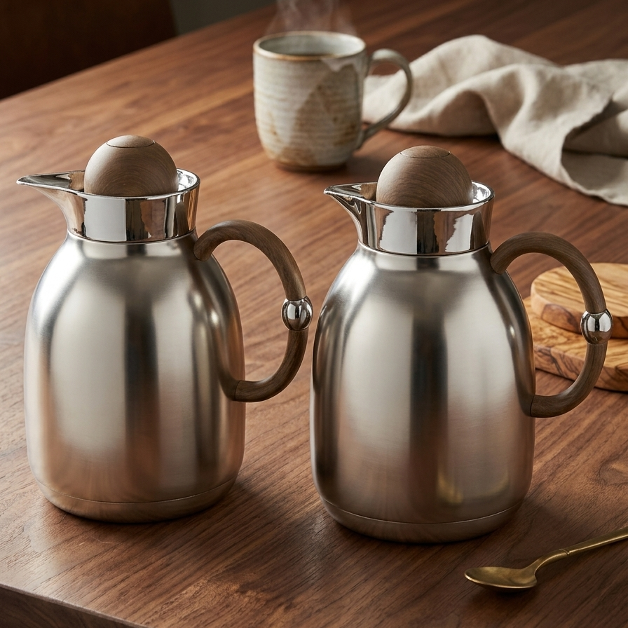 Regal Classic Dallah Set M/Silver Wood – 1L & 1L - Mawaeen