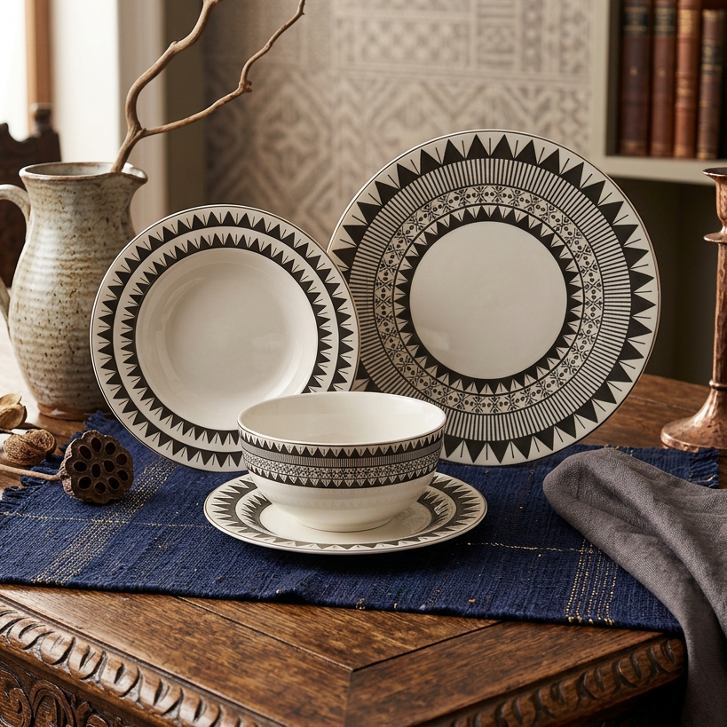 Dinnerware Set W/Black – 24 Pieces (Service for 6) - Mawaeen