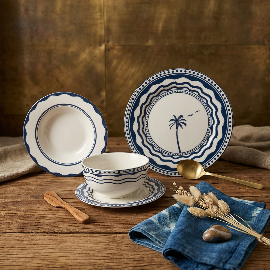 Dinnerware Set W/Blue – 24 Pieces (Service for 6) - Mawaeen