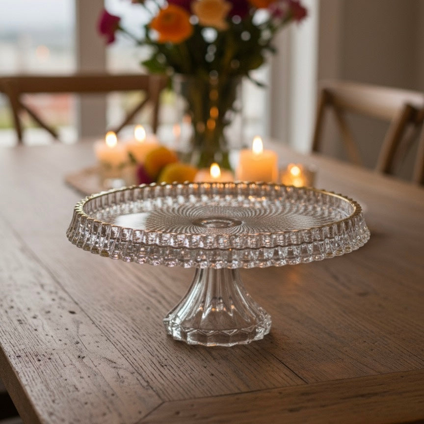 Mawaeen Round Luxury Glass Cake Stand with Golden Rim (L) - Mawaeen