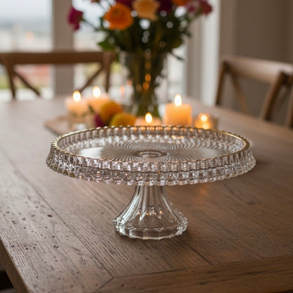 Mawaeen Round Luxury Glass Cake Stand with Golden Rim (L) - Mawaeen
