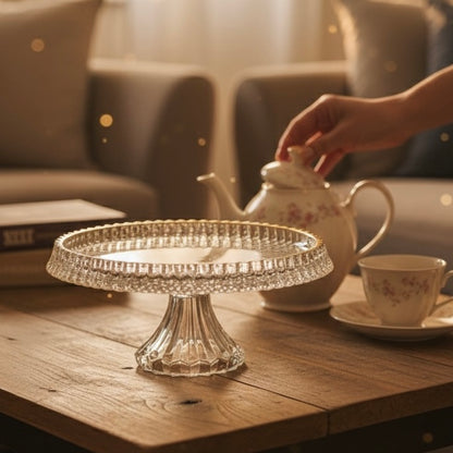 Mawaeen Round Luxury Glass Cake Stand with Golden Rim (L) - Mawaeen