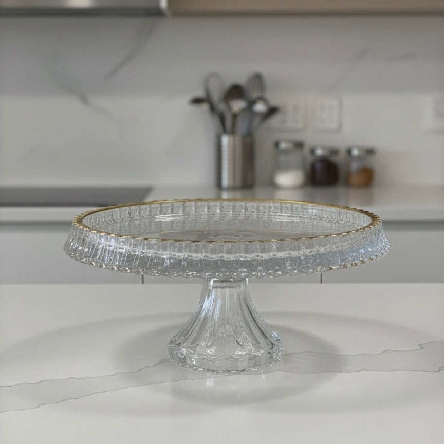 Mawaeen Round Luxury Glass Cake Stand with Golden Rim (L) - Mawaeen