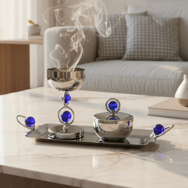 Luxury Incense Burner Gift Set in Wooden Box- B/Silver