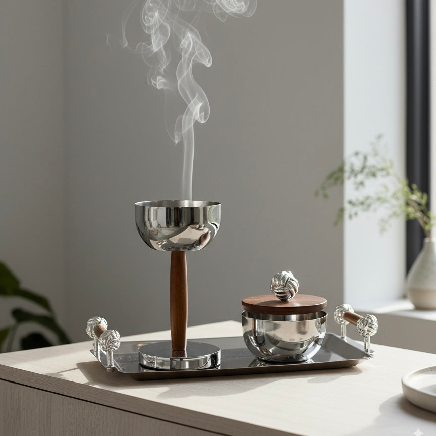 Luxury Incense Burner Gift Set in Wooden Box- W/Silver