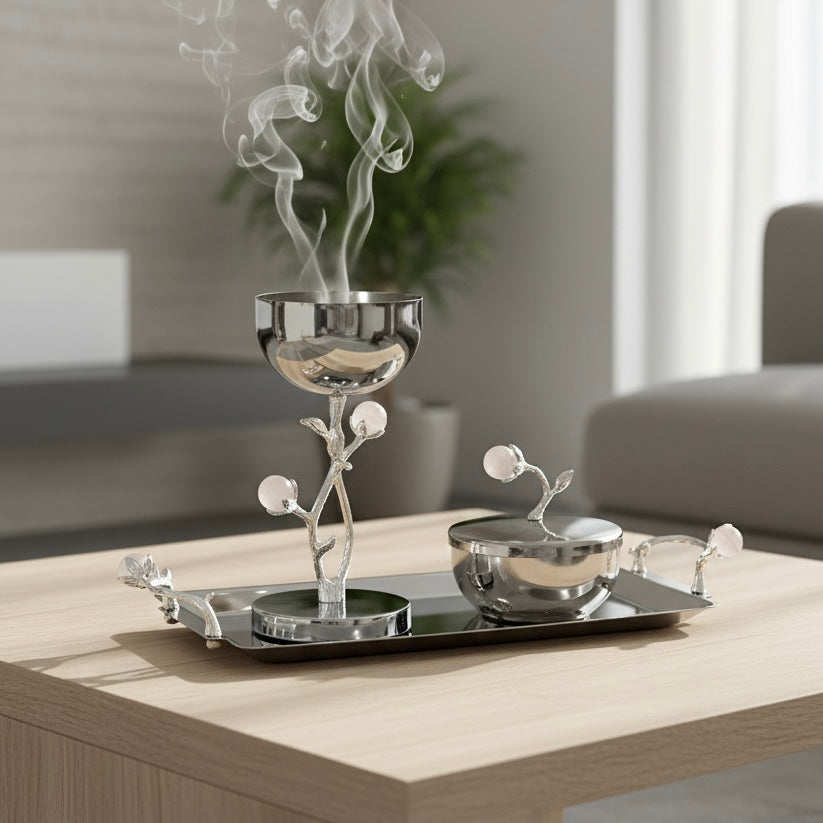 Luxury Incense Burner Gift Set in Wooden Box- P/Flower - Mawaeen