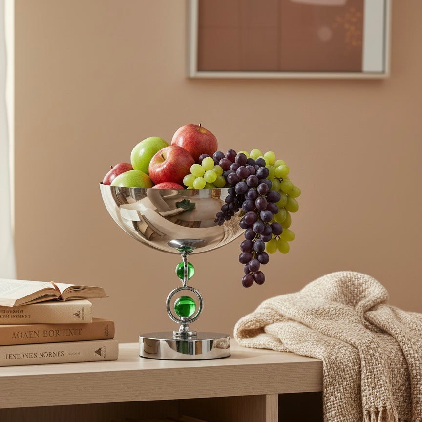 Mawaeen Premium Fruit Bowl – Stainless Steel Base with Green Crystal Accents (L)